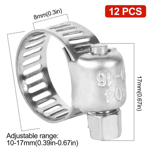 Hose clamps, 12-pack, stainless steel with bolt; adjustable 10–17mm diameter, Amazon brand