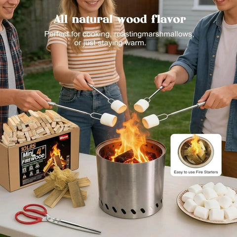 People roasting marshmallows over a portable fire pit with a Mini Fire Stick Kit With Fire Starter And Tongs Kiln Dried Pine Firewood Four Inch Sticks For Wood Stoves Campfires Tabletop Fire Pits Fireplaces Solo Stove Accessories 10 Lb Box With 130 To 140 Pieces nearby.