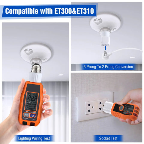Circuit Breaker Finder Accessory Kit With Clips Light Socket Adapter And 3 Prong To 2 Prong Grounding Outlet Adapter Plus Handy Carrying Case For ET300 ET310 Compatibility Upgrade Must Have For DIY Home Electrical Projects, showing socket test and lighting wiring test.