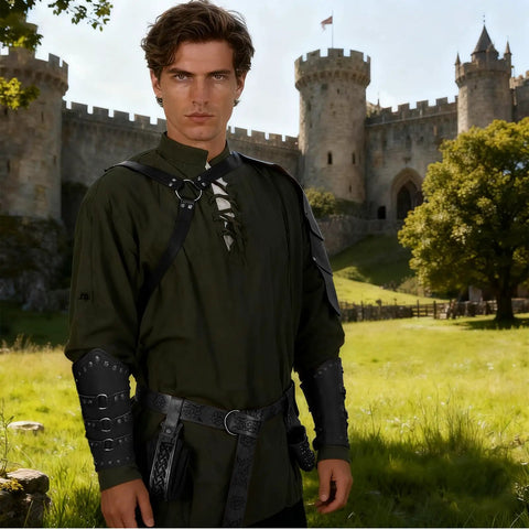 Man in Epic Seven Piece Renaissance Costume Set For Men With Faux Leather Pauldron Shoulder Armor Bracers outside castle