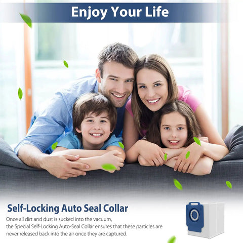 Family sitting on a sofa with green leaves floating, illustrating benefits of 26 Pack Replacement Vacuum Bags For Compatible Robotic Vacuum Cleaners With Clean Base Automatic Dirt Disposal Fits I Series And S Series Models Like I7 I7Plus I8 I8Plus I3 I3Plus I4 I4Plus I6 I6Plus J7 J7Plus S9 S9Plus