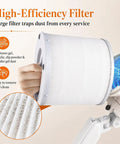 Top Shelf Quiet Nail Dust Collector Vacuum Fan With Adjustable Suction Reusable Filter And Smooth Cyclone Airflow For Salon Pros And Home Beauty Buffs showing high-efficiency filter capturing dust.