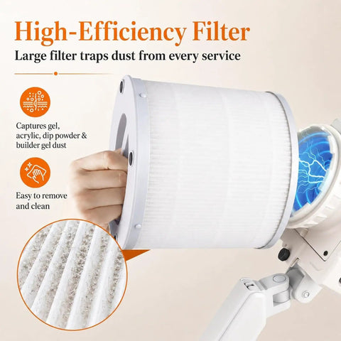 Kickass Nail Dust Collector With Hecka Strong 60W Suction And Full Coverage Cyclone Airflow, High-efficiency filter for easy cleaning.