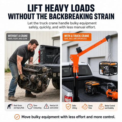 Heavy Duty Folding Truck Bed Crane With A Rock Solid 2000 Pound Electric Winch And 1100 Pound Lift Capacity for easy equipment lifting.