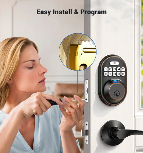 Person installing Dope Fingerprint Door Lock With Keyless Entry Pad And Auto Lock, Anti Peeping Password on door.