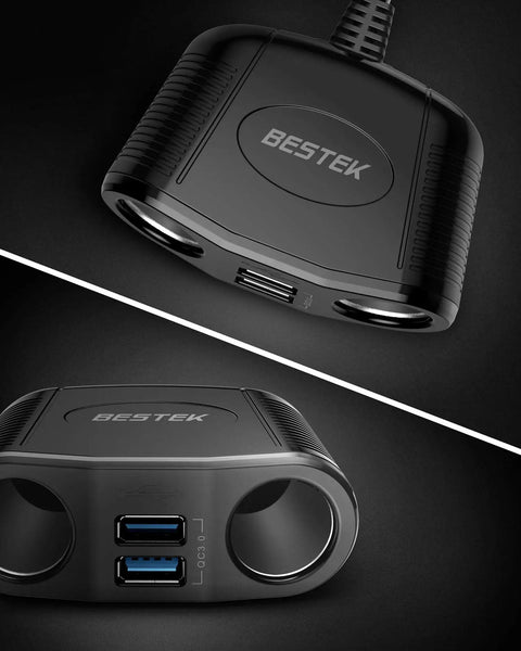 Heavy Duty Car Cigarette Lighter Splitter With Dual Usb Fast Charge Ports And 150W Power Outlet for quick charging four gadgets.