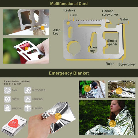 Go-To 29 In 1 Emergency Survival Kit With Survival Bracelet, Fire Starter, Whistle, Wood Cutter, Water Bottle Clip And Pen for camping, including a multifunctional card and emergency blanket.