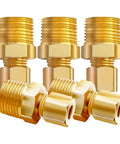 Five brass ice-maker water line fittings, 3/8 in NPT male to 1/4 in compression, front view
