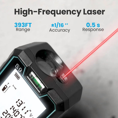 Close-up of Laser Measuring Tool with 393ft Range, featuring backlit LCD, dual bubble levels, showing laser precision and accuracy.