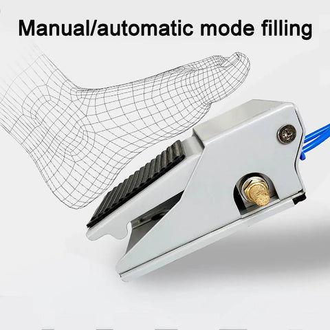 Foot pedal for manual/automatic mode filling on Straight Up Automated Pneumatic Liquid Filling Machine With Bulletproof Stainless Steel Build And No Drip Nonsense Nozzle For Effortless Commercial Bottling Across 500ml To 5000ml Runs.