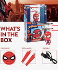 Marvel Spider Man Big Head Helicopter Toy With Motion Sensing Flight For Kids 6 Plus in box with controller and USB cable.