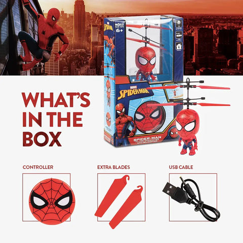 Marvel Spider Man Big Head Helicopter Toy With Motion Sensing Flight For Kids 6 Plus in box with controller and USB cable.