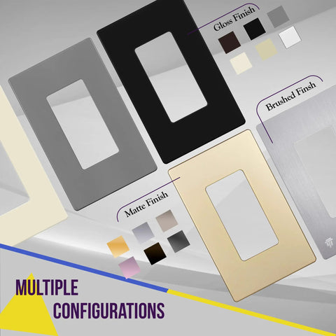 Various finishes of 2-Gang Screwless Decorator Wall Plate Outlet Cover For Outlets, UL94 V2 Rated, kid safe and tough polycarbonate.
