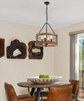 4-Light Farmhouse Drum Chandelier Barn-Inspired With Rustic Wood Rings For Dining Room, Black Metal Finish Over Table