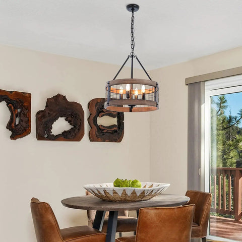 4-Light Farmhouse Drum Chandelier Barn-Inspired With Rustic Wood Rings For Dining Room, Black Metal Finish Over Table