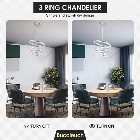Dimmable 3 Ring LED Chandelier Pendant Light With Height Adjustable Dope Modern Silver Finish, ETL Certified Flush Mount in dining room