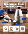 12 Pack One And A Half Ounce Stainless Steel Dipping Sauce Cups Reusable Metal Ramekins Commercial Grade Condiment Bowls on table