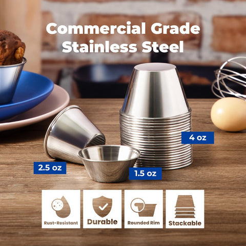 12 Pack One And A Half Ounce Stainless Steel Dipping Sauce Cups Reusable Metal Ramekins Commercial Grade Condiment Bowls on table