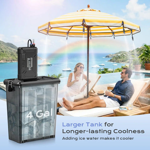 Ultra Fine Misting System With 15000mAh Rechargeable Pump and 33Ft Hose in backyard under umbrella