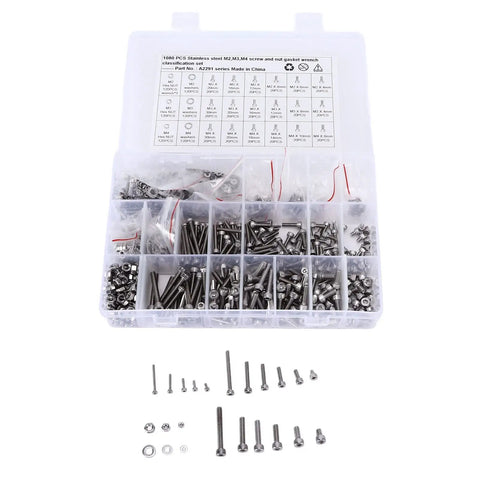 Must-Have M2 M3 M4 Stainless Steel Screw Nut And Washer Kit 1080 Piece Set with organized hex screws and nuts in clear storage case.
