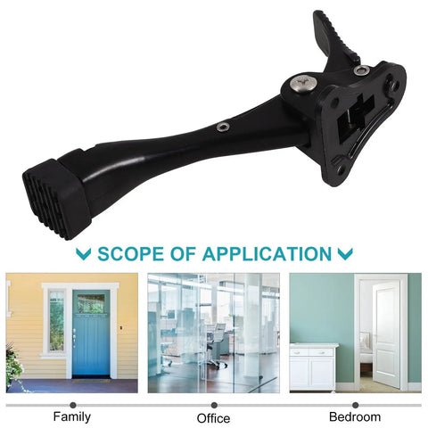 Heavy Duty Door Stopper For Bottom Of Door With Smooth Braking Mechanism, Zinc Alloy Construction in black, with application examples for family, office, and bedroom.