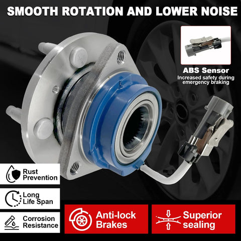 Close-up of Pair 513121 Front Wheel Bearing Hub Assembly For GM Vehicles, 5 Lug, ABS with blue seal and sensor for Impala, Lucerne.
