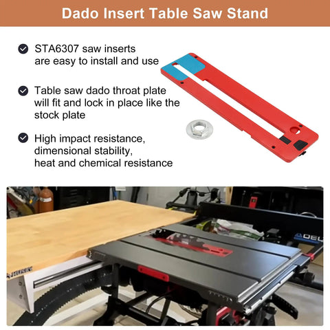 Dado Insert Plate For TS6307-00 Table Saw With Washer And Nut shown with table saw, precision fit, easy install