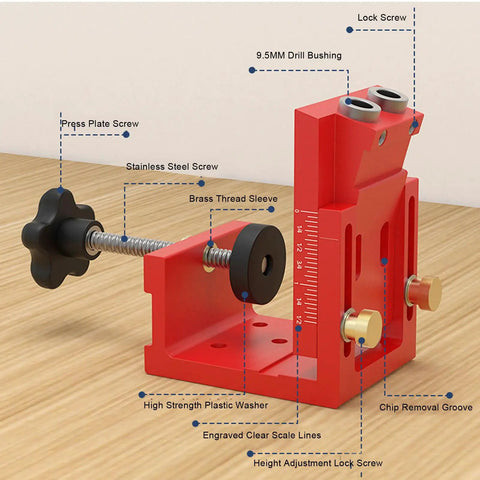 Heavy Duty Pocket Hole Jig Kit With Dual Scale Sliders And Precision 15 Degree Angle For Knockout Cabinet Joints and components ergonomic design.