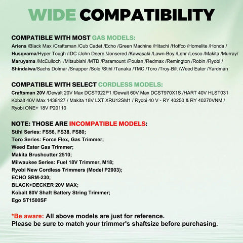 Universal Weed Eater Head Wide Compatibility Chart for Gas and Cordless Models