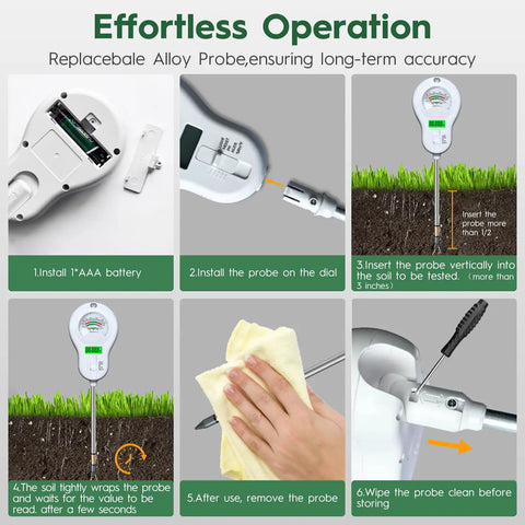 Step-by-step guide for using Six In One Soil Test Kit With Moisture Meter PH Meter Fertility Sunlight Intensity And Temperature LCD Hygrometer with detachable probe.