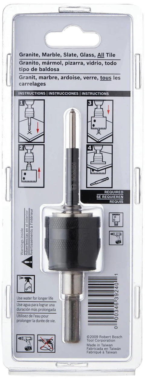 3/8 Inch AutoStart Carbide Hole Saw With Quick Change Mandrel in packaging showing compatibility with various materials like granite and tile.