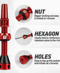 Red aluminum tubeless Presta valve stem kit with hex nut, valve core remover tool, and caps (pair)