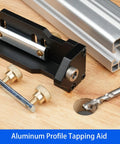 Topnotch Aluminum Extrusion Drill Jig Hassle Free Double Hole Punch Locator For 20 30 40 Tslot Frames shown with tapping aid and drill.