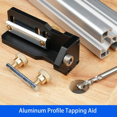 Topnotch Aluminum Extrusion Drill Jig Hassle Free Double Hole Punch Locator For 20 30 40 Tslot Frames shown with tapping aid and drill.