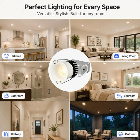 Eclatune 3 Inch LED Recessed Lighting with Junction Box LED Downlight in various room setups including kitchen, living room, and bathroom.