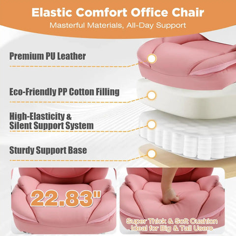 Comfy Reclining Office Chair With Footrest For Women, Wide Seat Big Tall Ergonomic Gaming Desk Chair, Inner Cushion Layers, Pink