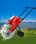 Hand Push Garden Seeder With 12 Hole Seed Plate And Dual Seed And Fertilizer Buckets for planting in a field