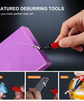 LET'S RESIN cordless drill; red handheld deburring tool used on purple resin block (close-up)