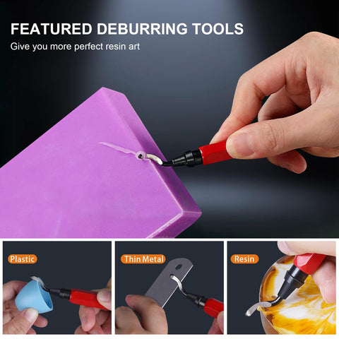 LET'S RESIN cordless drill; red handheld deburring tool used on purple resin block (close-up)