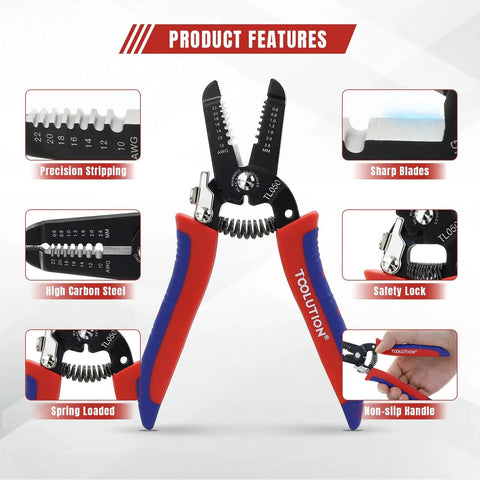 Compact Wire Stripper And Cutter Kit For 10 22 AWG Wires With Spring Loaded Pliers And Safety Lock showcased features