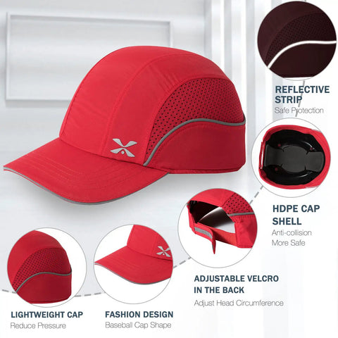 Lightweight Red Bump Cap With Removable ABS Shell And Foam Padding, Baseball Hat Style Head Protection For Work, shown with features