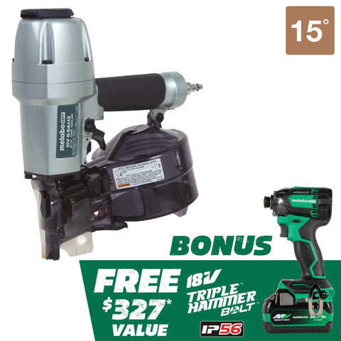 Two And A Half Inch Coil Siding Nailer Pro Bundle With Bonus 18V Triple Hammer Impact Driver Kit, featuring pneumatic nailer