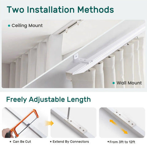 Whisper Quiet Ceiling Curtain Track With Wall Mount 9 To 12 Feet White No-Fuss Noise-Free Glide System With Heavy-Duty Rollers For Ultra Smooth Drapes And Quick Easy Installation. Ceiling and wall mount white aluminum curtain track, 3ft sections extend to 12ft.