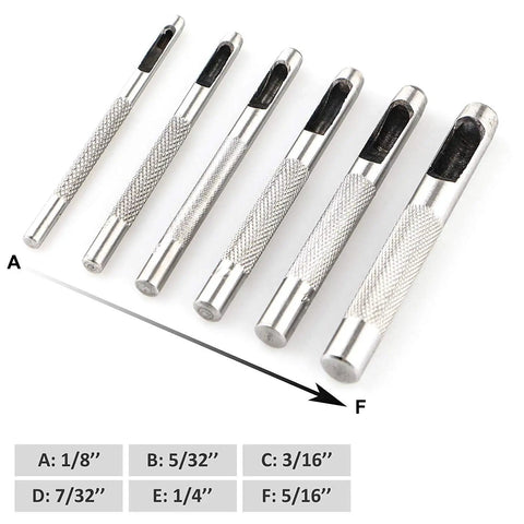 Set of six metal punch tools from the 9 Piece Leather Hole Punch Set Hollow Round Punches 3/32 To 25/64 Inch Heavy Duty Carbon Steel.