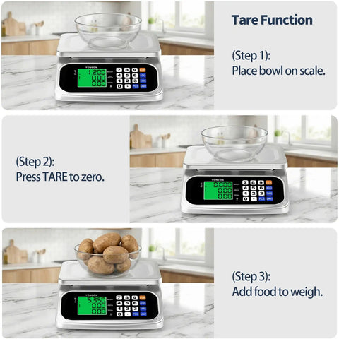 Step-by-step guide showing tare function on large digital kitchen scale with 66lb capacity and 30kg, 0.05oz per 1g precision.