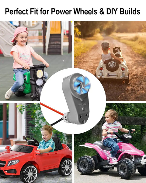 Collage of kids riding toy cars and a Two Piece 24 Volt RS775 High Speed Motor Gearbox Power Up For Kids Ride On Cars