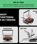 Chefman 5-in-1 Digital Panini Press Grill And Sandwich Maker With Removable Reversible Dishwasher Safe Grilling Plates displayed in 3-in-1 design.