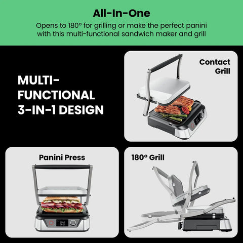 Chefman 5-in-1 Digital Panini Press Grill And Sandwich Maker With Removable Reversible Dishwasher Safe Grilling Plates displayed in 3-in-1 design.