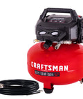 Craftsman 6 Gallon Oil Free Pancake Air Compressor with gauges, red tank, 150 PSI, and 25 ft hose for nailers.