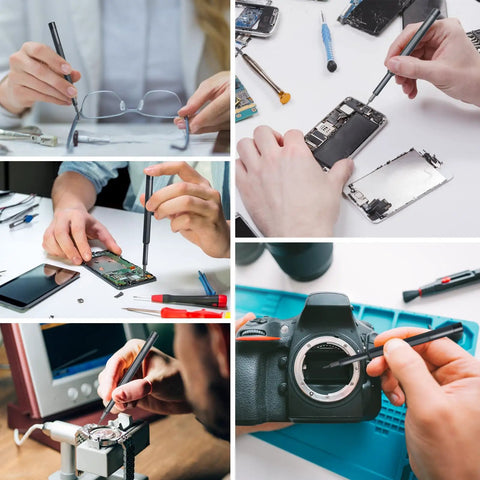 Using 25-In-1 Mini Precision Screwdriver Set for electronics like phones, glasses, cameras with magnetic torque and various bits.